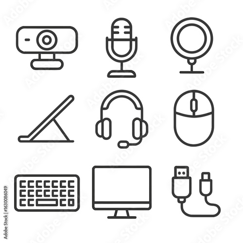 Remote Tutoring Icons. Outline icon set of remote tutoring equipment: webcam, microphone, ring light, laptop