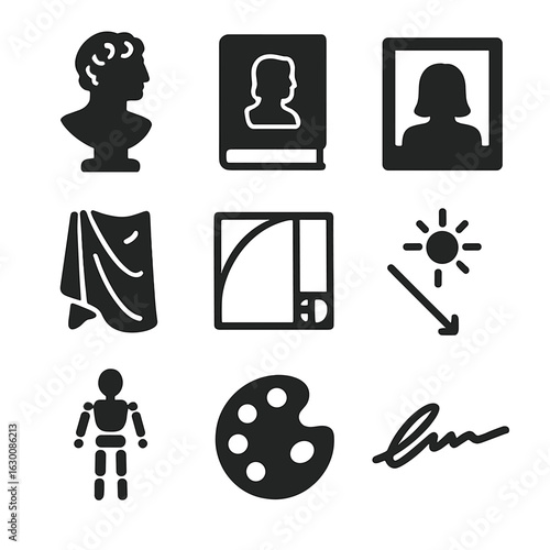 Renaissance Icons Grid. Solid, filled icons set of classical portrait inspiration: renaissance bust, museum