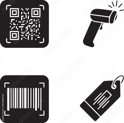 E-commerce icons set with barcode, QR code, and scanning