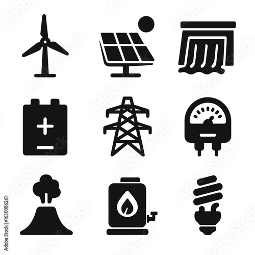 Renewable Energy Icons. Solid, filled icons set of wind farms and renewable energy sources: wind turbine,