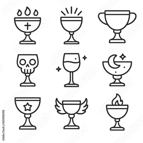 Mythical Icon Set. Outline icon set of mythological artifacts: holy grail, divine goblet, golden cup, cursed relic, immortal wine