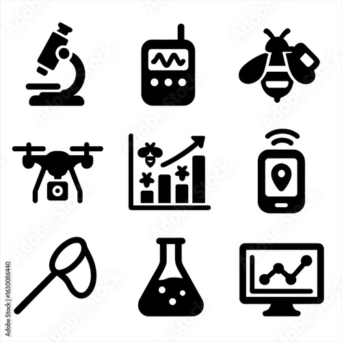 Research Icons Grid. Solid, filled icons set of research and monitoring: field microscope, data logger,