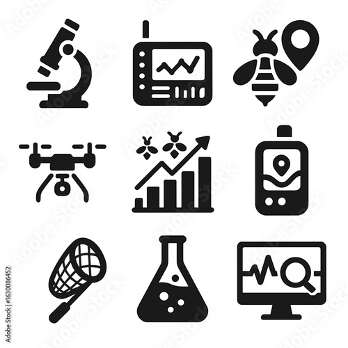 Research Icons Grid. Solid, filled icons set of research and monitoring: field microscope, data logger,