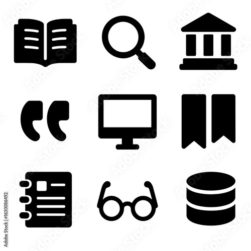 Research Tools Icons. Solid, filled icons set of Research and reference: open book, magnifying glass, library