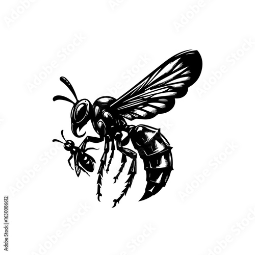 Detailed illustration of a wasp with its smaller counterpart, isolated on white background
