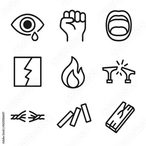 Emotional Breaking Point Icons. Outline icon set of emotional breaking point: crying eye, clenched fist, screaming mouth,