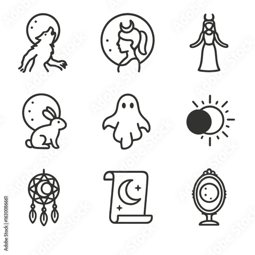Mythical Moon Icons. Outline icon set of full moon mythology: werewolf transformation, lunar deity silhouette, moon goddess figure