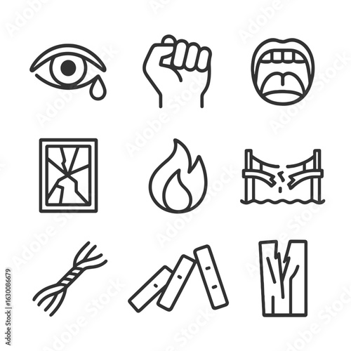 Emotional Breaking Point Icons. Outline icon set of emotional breaking point: crying eye, clenched fist, screaming mouth,