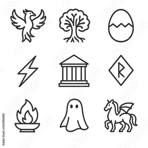 Mythical Origins Icons. Outline icon set of origin in mythology: phoenix, world tree, cosmic egg, thunderbolt, ancient temple,
