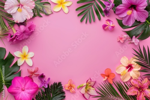 Colorful Tropical Flowers and Green Leaves on Pink Background Layout