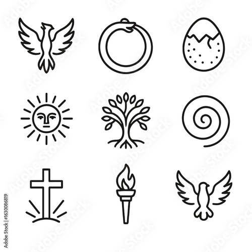 Mythological Rebirth Icons. Outline icon set of mythological rebirth: phoenix rising, ouroboros, dragon egg, sun god, sacred tree,