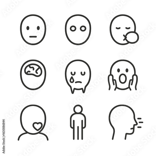 Emotional Numbness Icons. Outline icon set of emotional numbness: blank face, hollow eyes, muted voice, disconnected brain, frozen