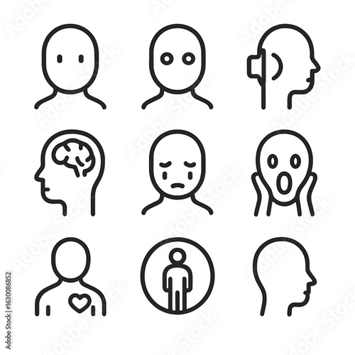 Emotional Numbness Icons. Outline icon set of emotional numbness: blank face, hollow eyes, muted voice, disconnected brain, frozen