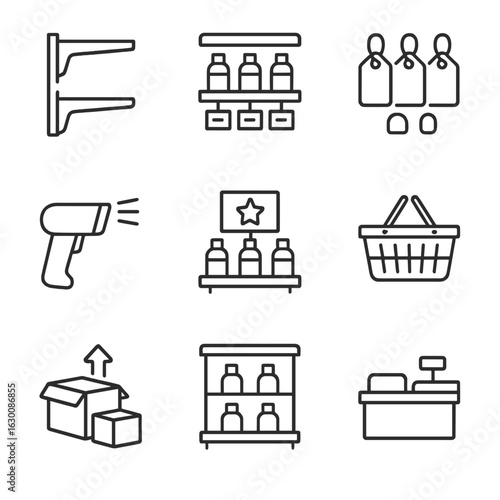 Retail Shelf Icons. Outline icon set of retail shelf management: shelf brackets, product labels, price tags,