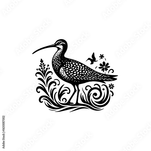 Illustration of a shorebird with a long beak and decorative elements