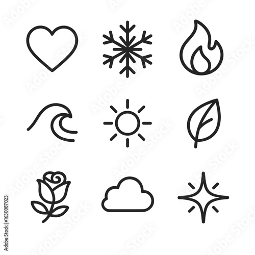Emotional Icon Set. Outline icon set of emotional color: warm tone heart, cool tone snowflake, energetic flame, calming wave,