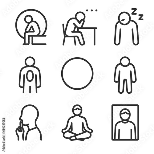 Emotions Outline Icon Set. Outline icon set of emptiness in emotions and states: loneliness, boredom, fatigue, emptiness inside,