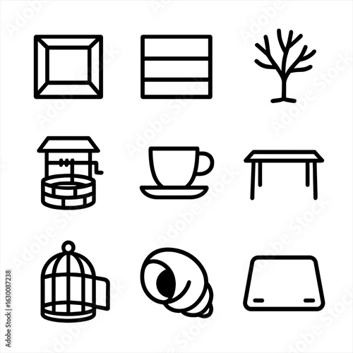 Icons of Emptiness. Outline icon set of physical emptiness: empty room, vacant shelf, barren tree, dry well, empty cup, bare table