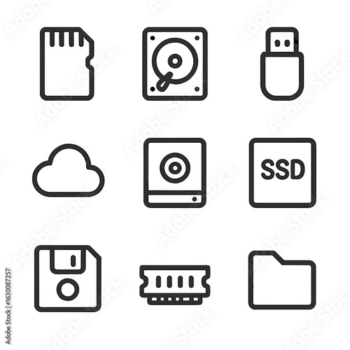 Empty Storage Icons. Outline icon set of empty storage symbols: empty memory card, empty hard drive, empty USB, empty SSD, empty