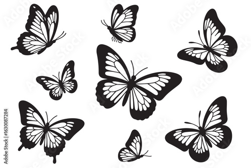 Set of silhouette black butterflies on white background. Vector
