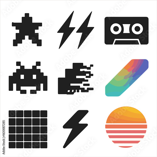 Retro Icons Grid. Solid, filled icons set of vintage design motifs: pixel stars, lightning bolts, cassette