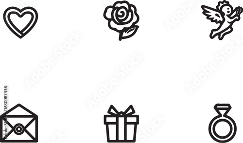 Celebrate love with romantic icons: heart, rose, cupid, gift, ring