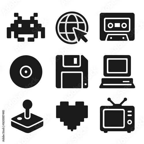 Retro Tech Icons. Solid, filled icons set of abstract website design with retro elements: pixel art, neon sign