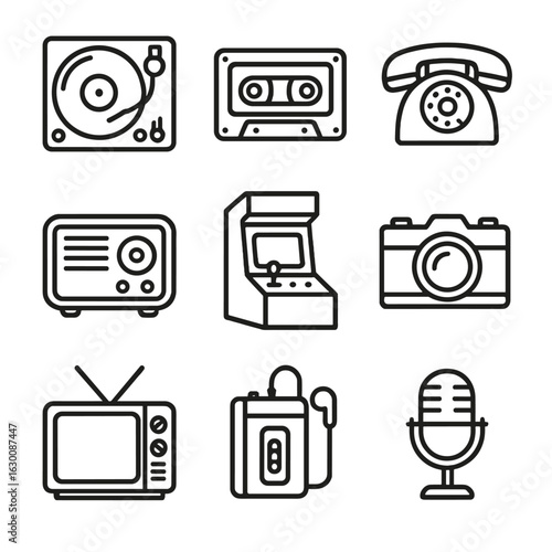 Retro Tech Icons. Outline icon set of 1970s retro tech: vinyl players, cassette tapes, rotary phones, tube