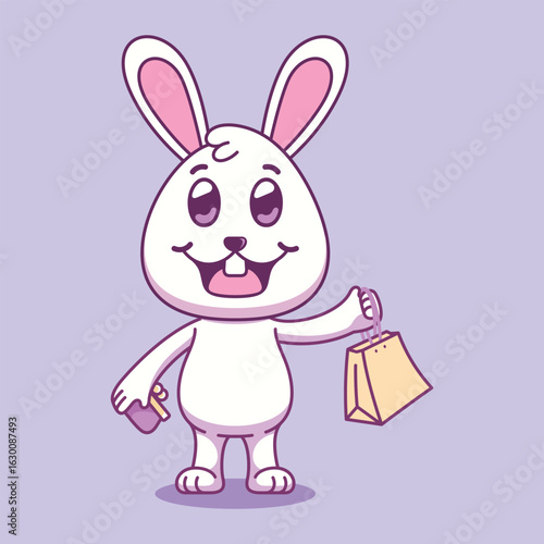 Happy cartoon rabbit character on a shopping spree holding a bag and wallet. Adorable bunny mascot vector illustration for commercial concept.