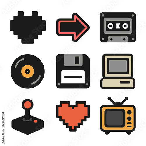 Retro Tech Icons. Solid, filled icons set of abstract website design with retro elements: pixel art, neon sign
