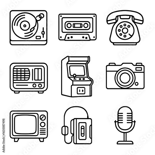 Retro Tech Icons. Outline icon set of 1970s retro tech: vinyl players, cassette tapes, rotary phones, tube