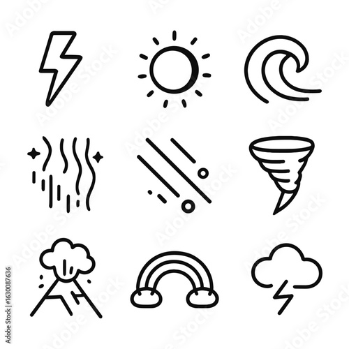 Natural Phenomena Icons. Outline icon set of awe in phenomena: lightning strike, solar eclipse, tidal wave, aurora borealis,