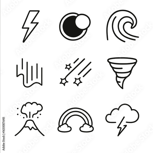 Natural Phenomena Icons. Outline icon set of awe in phenomena: lightning strike, solar eclipse, tidal wave, aurora borealis,