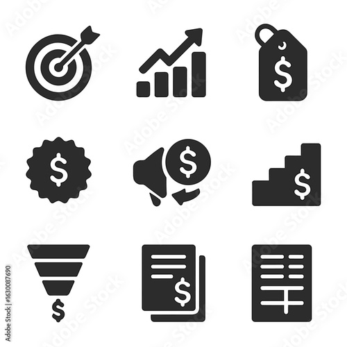 Revenue Planning Icons. Solid, filled icons set of revenue generation planning: sales target, growth graph,