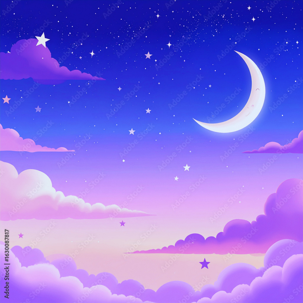 Fototapeta premium Soft Cartoon Night Sky with Glittering Stars and Crescent Moon on Gradient Background