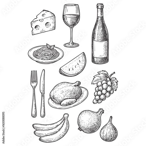 Hand-drawn ink line food and wine or champagne drawings.vector