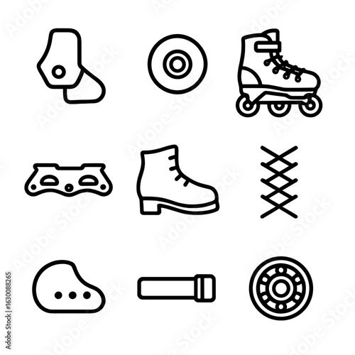 Roller Skate Icon Set. Outline icon set of roller skate stopper: brake pad, skate wheel, roller skate, skate