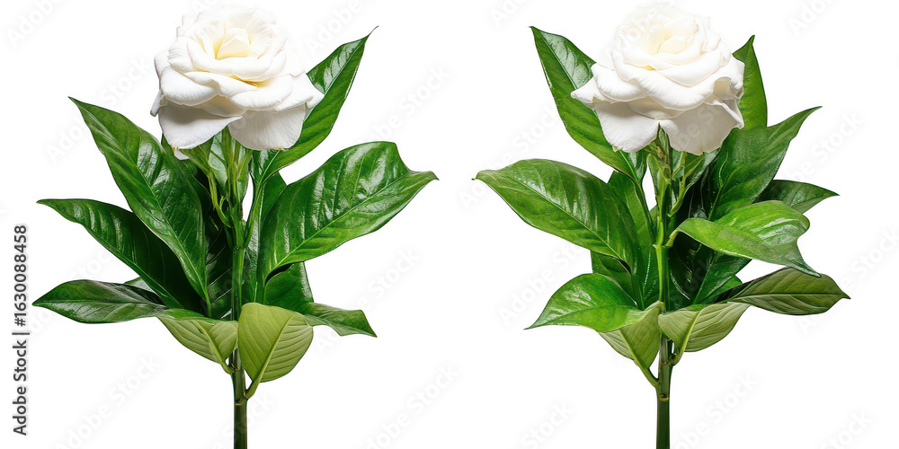 Obraz premium Two gardenias with foliage on transparent png background