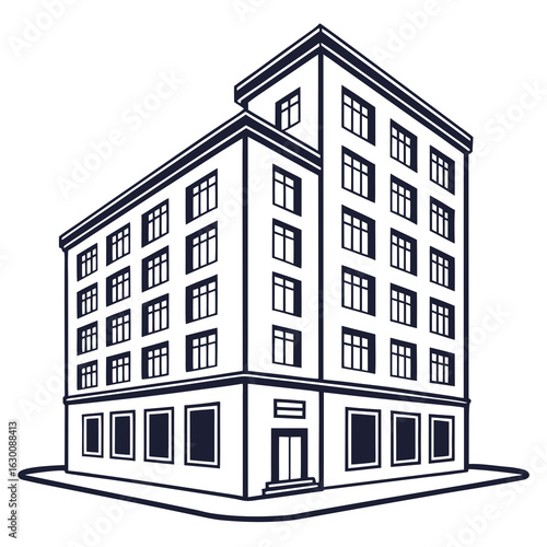 Illustration of a multistory building with a unique design isolated on white background