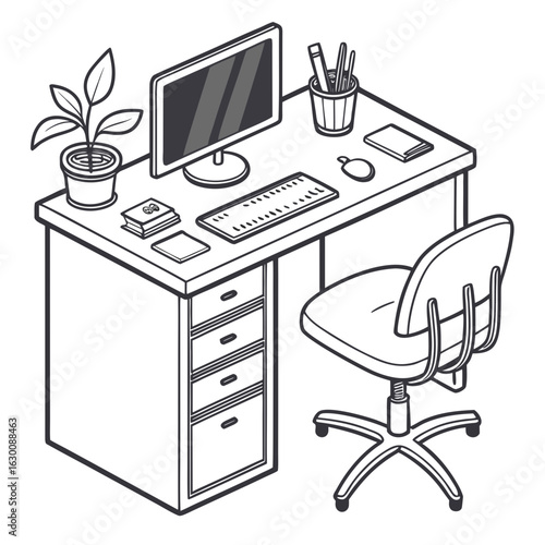 Vector art of isometric illustration of an office desk with computer isolated on white background