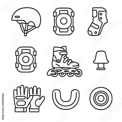 Roller Skating Safety Icons. Outline icon set of roller skating safety kit: helmet, knee pads, wrist guards,