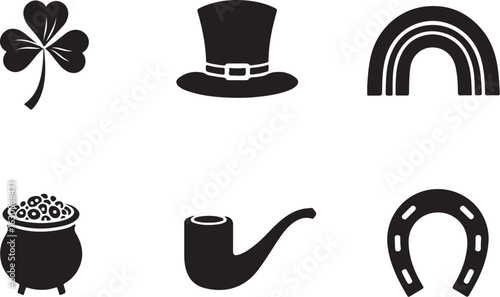 Lucky Irish symbols: clover, hat, rainbow, pot, pipe, horseshoe