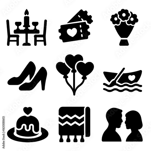 Romantic Date Icons. Solid, filled icons set of romantic dates and outings: candlelight dinner, movie tickets,