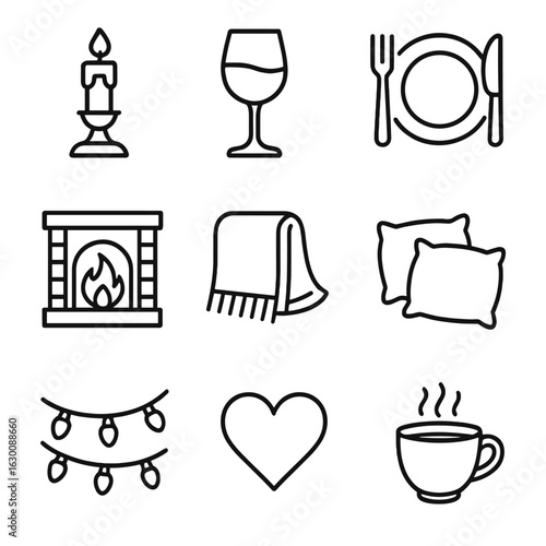Romantic Dinner Icons. Outline icon set of warm candlelit dinners: candle holder, wine glass, dinner plate,