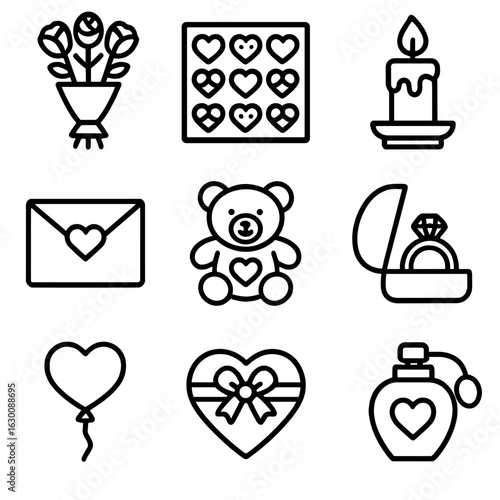 Romantic Gesture Icons. Outline icon set of romantic gestures: bouquet, chocolates, candle, love letter, teddy