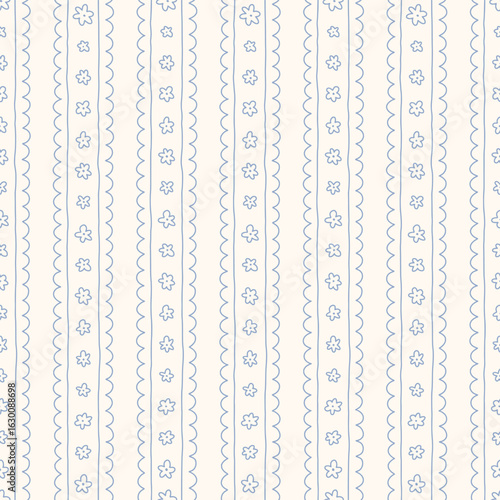 Hand drawn regency striped seamless pattern with a charming whimsical cottage core design. Soft blue, pastel, and nostalgic trellis print. Perfect for textiles and romantic vintage-inspired decor.