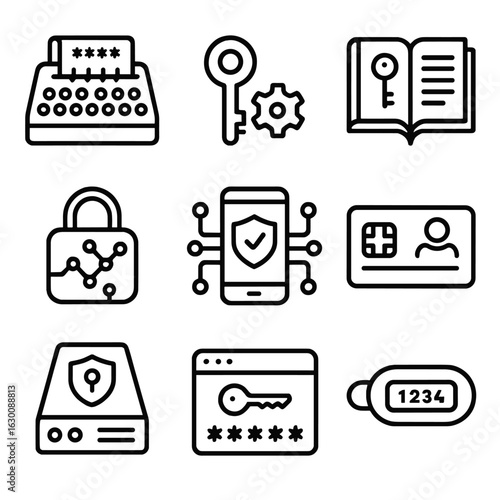 Encryption Tools Icons. Outline icon set of encryption tools: cipher machine, key generator, code book, encryption algorithm,