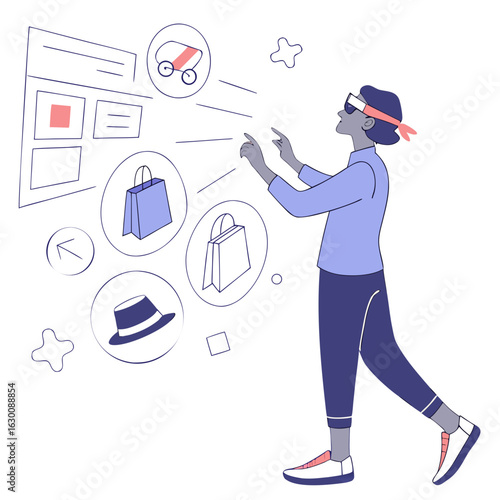 Vector art of a person using vr headset for online shopping isolated on white background