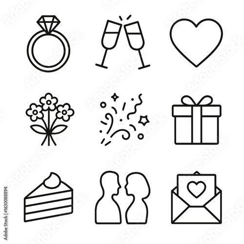 Romantic Party Icons. Outline icon set of romantic party elements: engagement ring, champagne flutes, heart