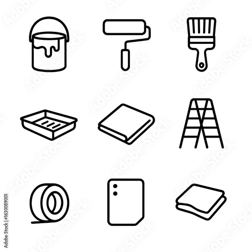 Room Painting Tools. Outline icon set of room painting essentials: paint cans, rollers, brushes, trays, drop